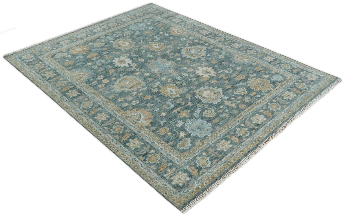 Made to Order Teal, Olive and Silver Antique Style Hand knotted Oushak wool Area Rug.