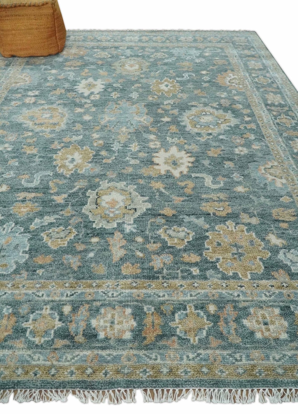 Made to Order Teal, Olive and Silver Antique Style Hand knotted Oushak wool Area Rug.