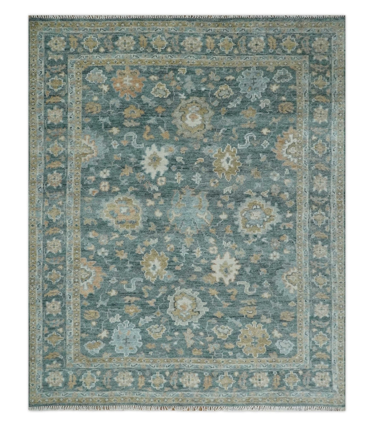 Made to Order Teal, Olive and Silver Antique Style Hand knotted Oushak wool Area Rug.
