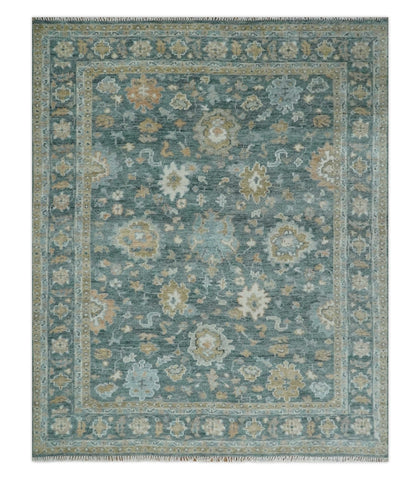 Made to Order Teal, Olive and Silver Antique Style Hand knotted Oushak wool Area Rug.