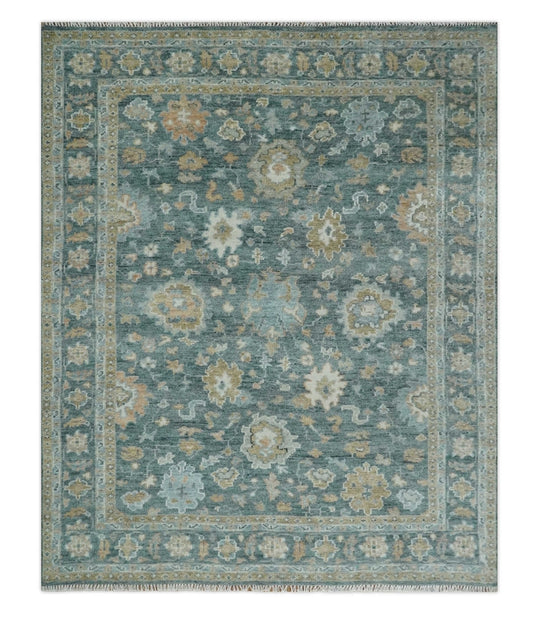 Made to Order Teal, Olive and Silver Antique Style Hand knotted Oushak wool Area Rug.