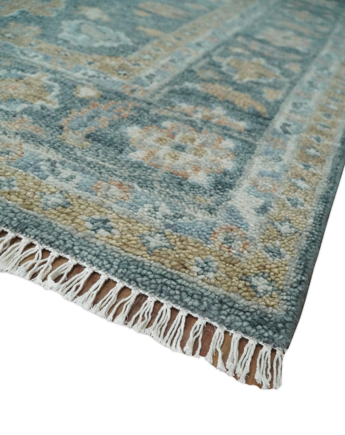 Made to Order Teal, Olive and Silver Antique Style Hand knotted Oushak wool Area Rug.