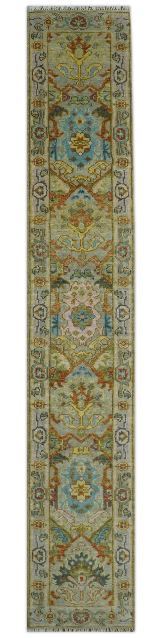 Made to Order Traditional Olive And Blue Hand Knotted Runner Wool Rug.
