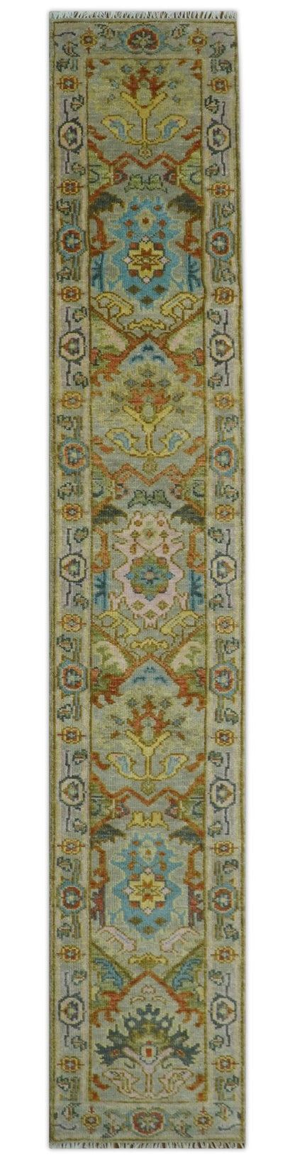 Made to Order Traditional Olive And Blue Hand Knotted Runner Wool Rug.