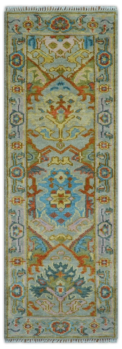 Made to Order Traditional Olive And Blue Hand Knotted Runner Wool Rug.