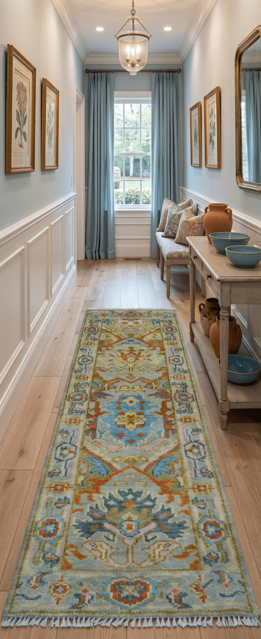 Made to Order Traditional Olive And Blue Hand Knotted Runner Wool Rug.