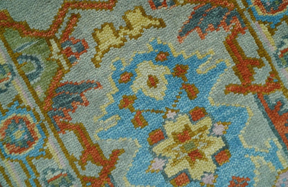 Made to Order Traditional Olive And Blue Hand Knotted Runner Wool Rug.