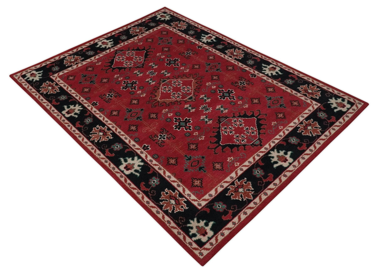 Maroon and Black Traditional Oriental Hand Knotted Custom Made wool Area Rug.