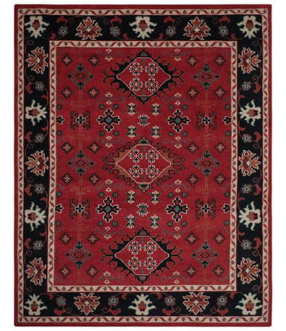 Maroon and Black Traditional Oriental Hand Knotted Custom Made wool Area Rug.