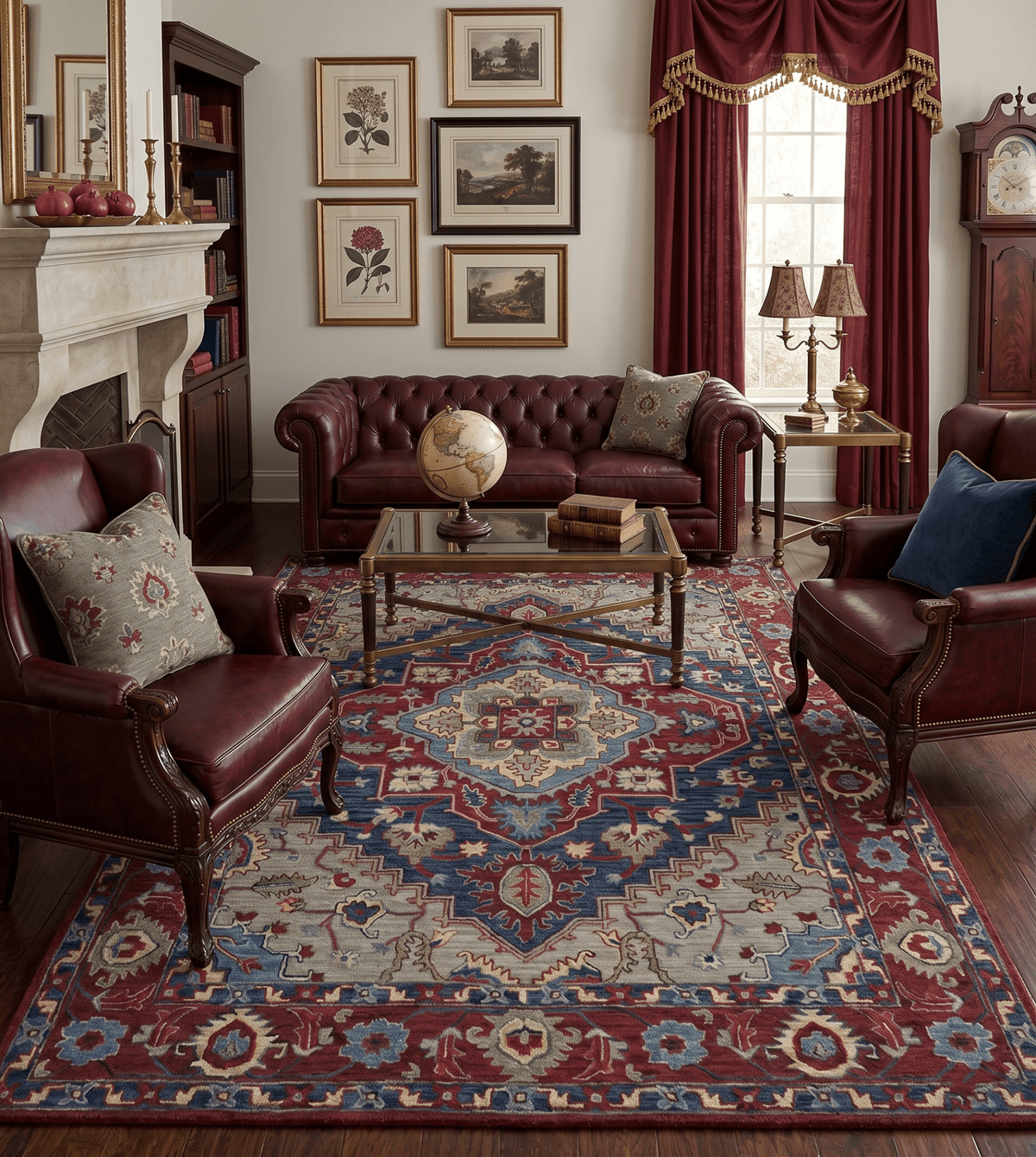 Maroon and Blue Hand Tufted Traditional Medallion Multi Size wool Area Rug.