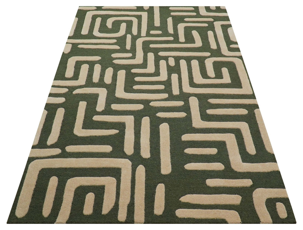 Maze Custom Made Modern Abstract Design Olive Hand Tufted Wool Area Rug.