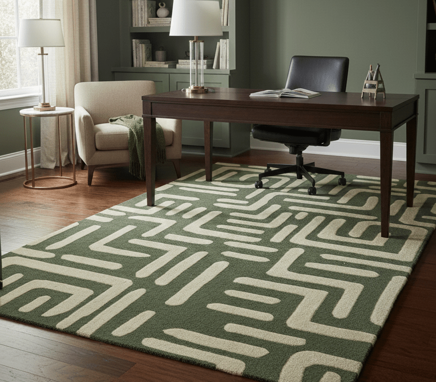 Maze Custom Made Modern Abstract Design Olive Hand Tufted Wool Area Rug.