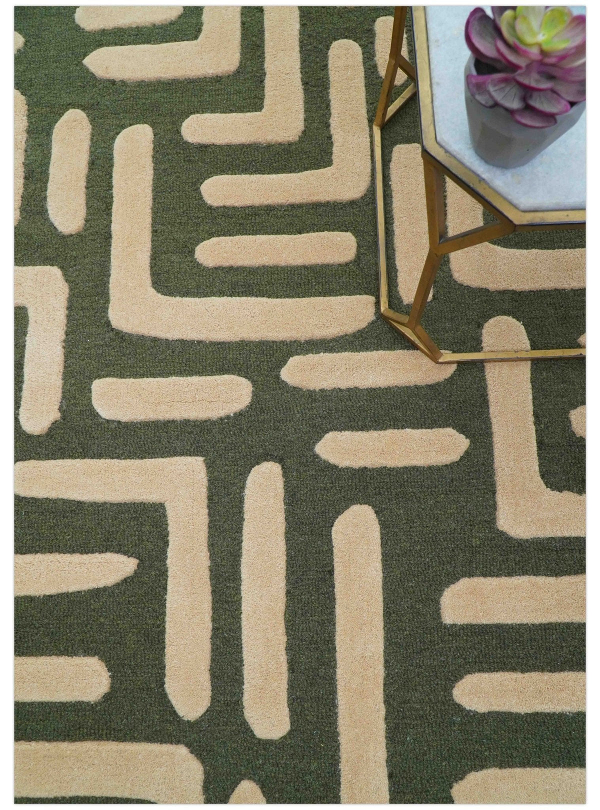 Maze Custom Made Modern Abstract Design Olive Hand Tufted Wool Area Rug.