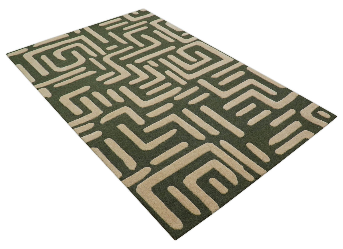 Maze Custom Made Modern Abstract Design Olive Hand Tufted Wool Area Rug.