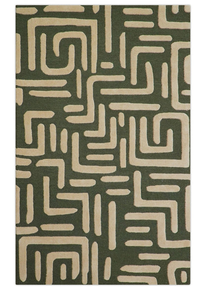 Maze Custom Made Modern Abstract Design Olive Hand Tufted Wool Area Rug.