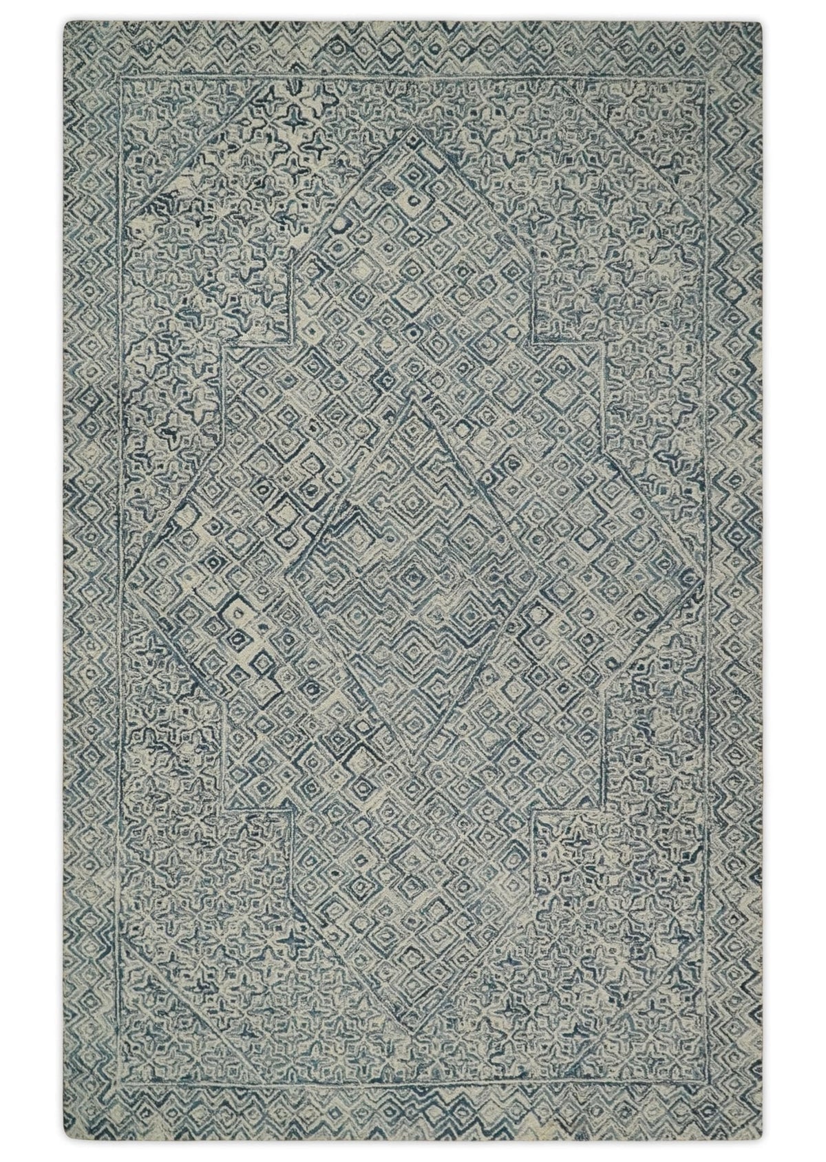 Mid Century Modern Hand Tufted 2x3, 3x5, 5x8, 6x9, 8x10 and 9x12 Woolen Beige and Blue Area Rug | MIR1.
