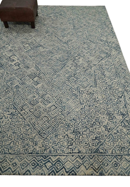 Mid Century Modern Hand Tufted 2x3, 3x5, 5x8, 6x9, 8x10 and 9x12 Woolen Beige and Blue Area Rug | MIR1.