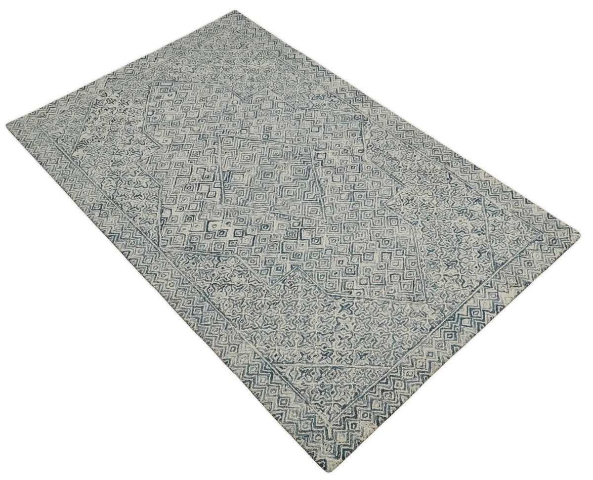 Mid Century Modern Hand Tufted 2x3, 3x5, 5x8, 6x9, 8x10 and 9x12 Woolen Beige and Blue Area Rug | MIR1.