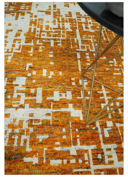 Modern Abstract 5x8 and 5.5x8.5 Gold and Ivory Recycled Art Silk Area Rug.
