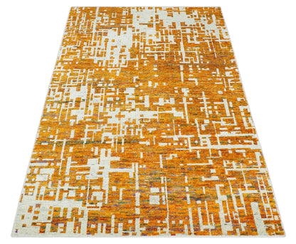 Modern Abstract 5x8 and 5.5x8.5 Gold and Ivory Recycled Art Silk Area Rug.