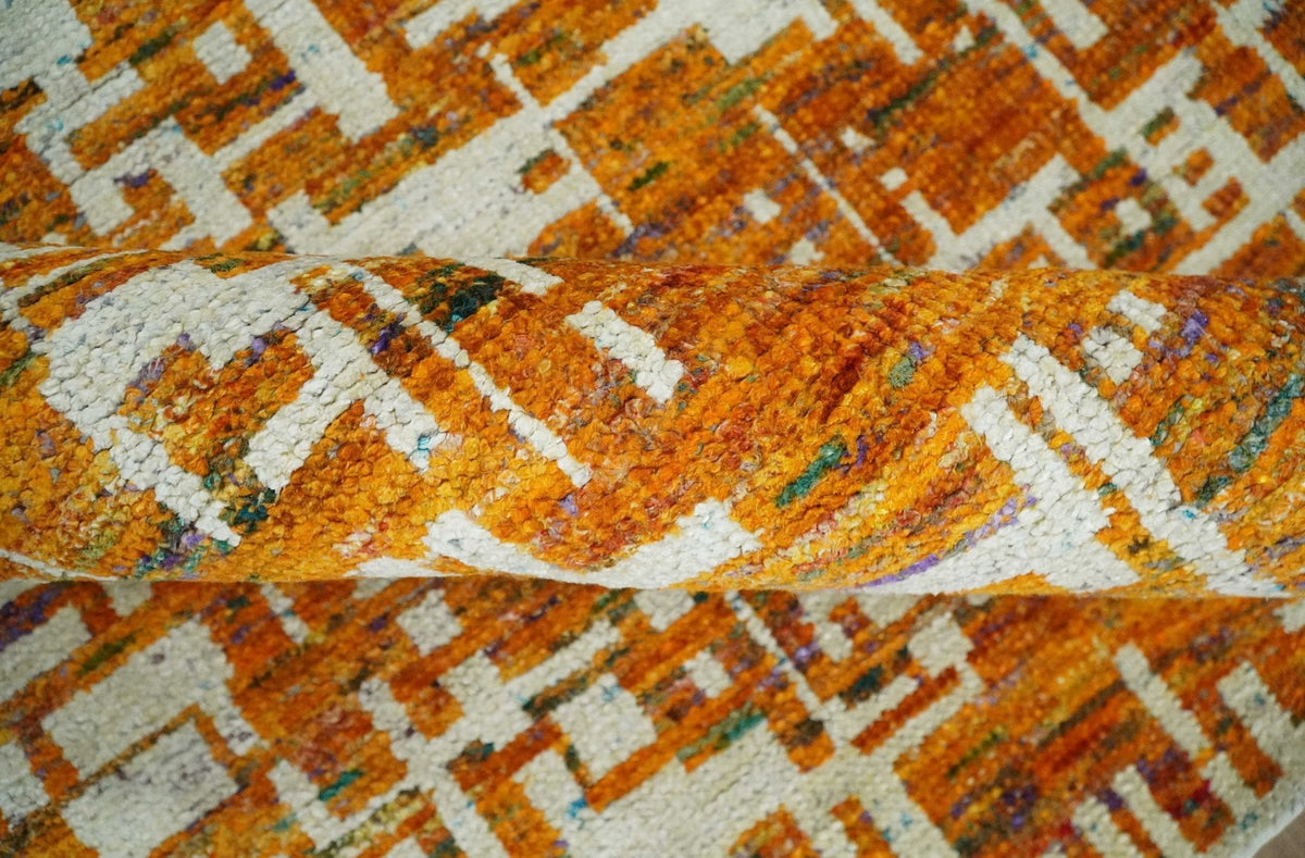 Modern Abstract 5x8 and 5.5x8.5 Gold and Ivory Recycled Art Silk Area Rug.