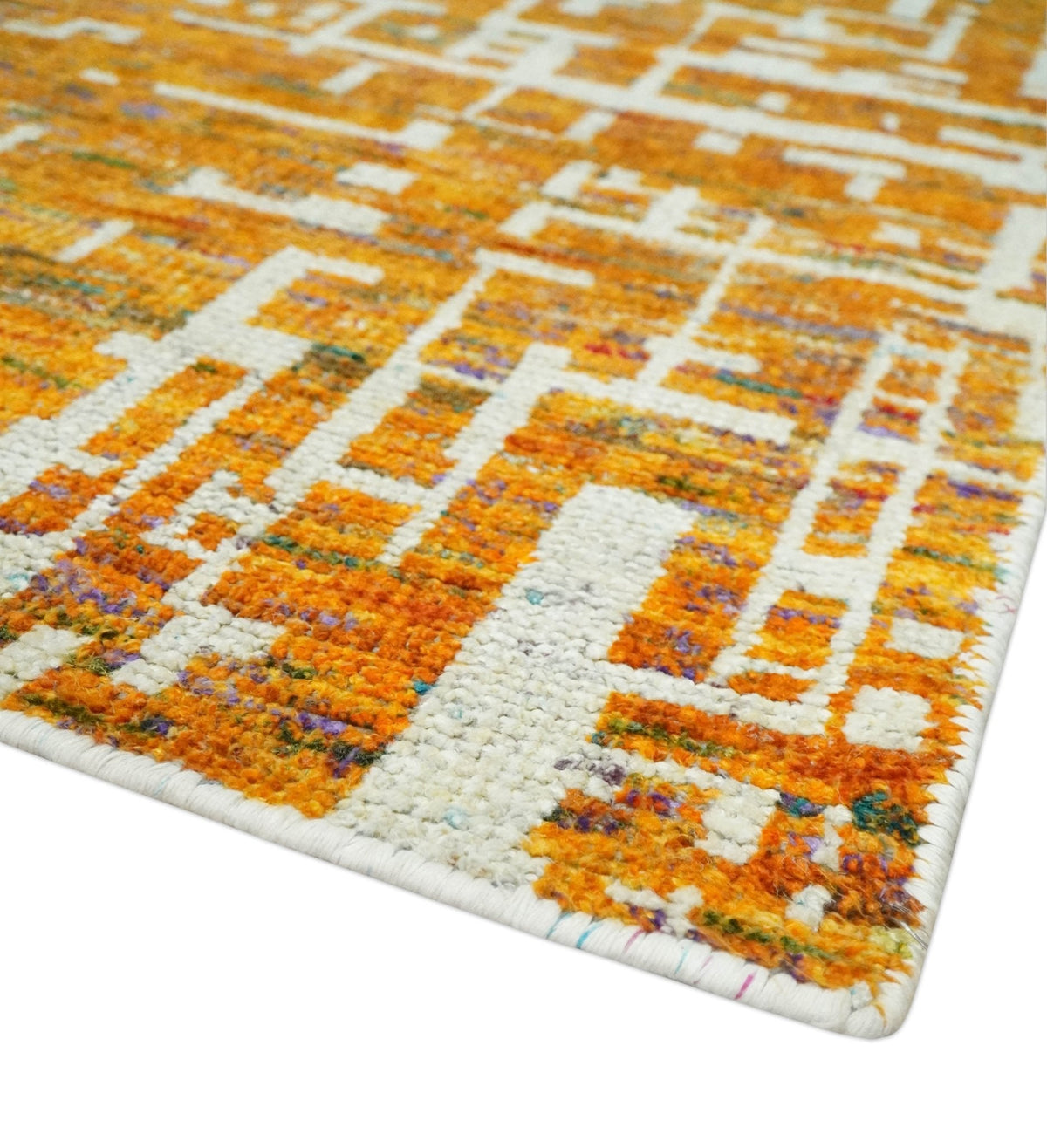 Modern Abstract 5x8 and 5.5x8.5 Gold and Ivory Recycled Art Silk Area Rug.
