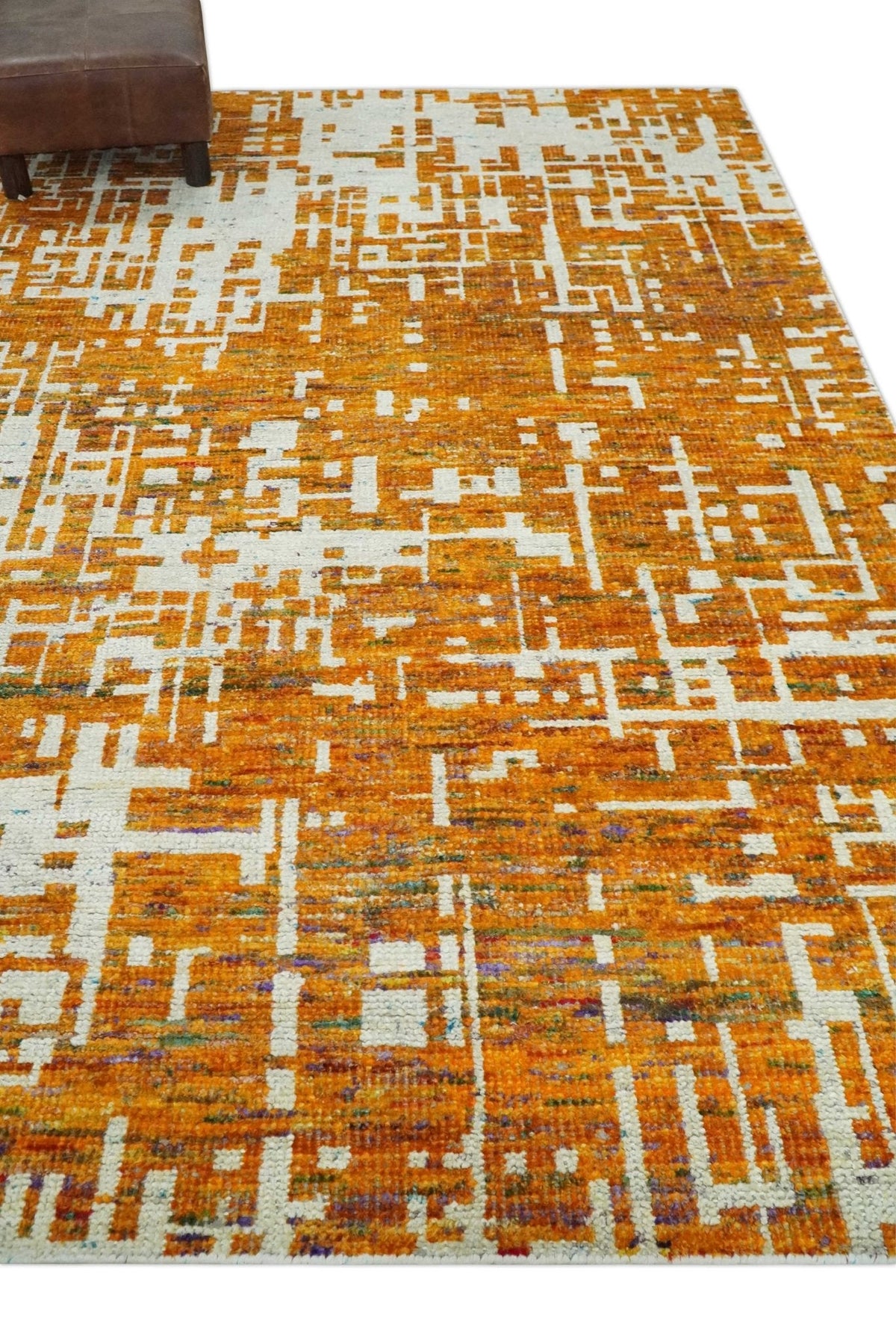 Modern Abstract 5x8 and 5.5x8.5 Gold and Ivory Recycled Art Silk Area Rug.