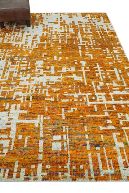 Modern Abstract 5x8 and 5.5x8.5 Gold and Ivory Recycled Art Silk Area Rug.