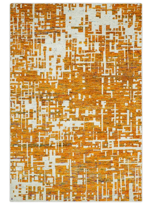 Modern Abstract 5x8 and 5.5x8.5 Gold and Ivory Recycled Art Silk Area Rug.