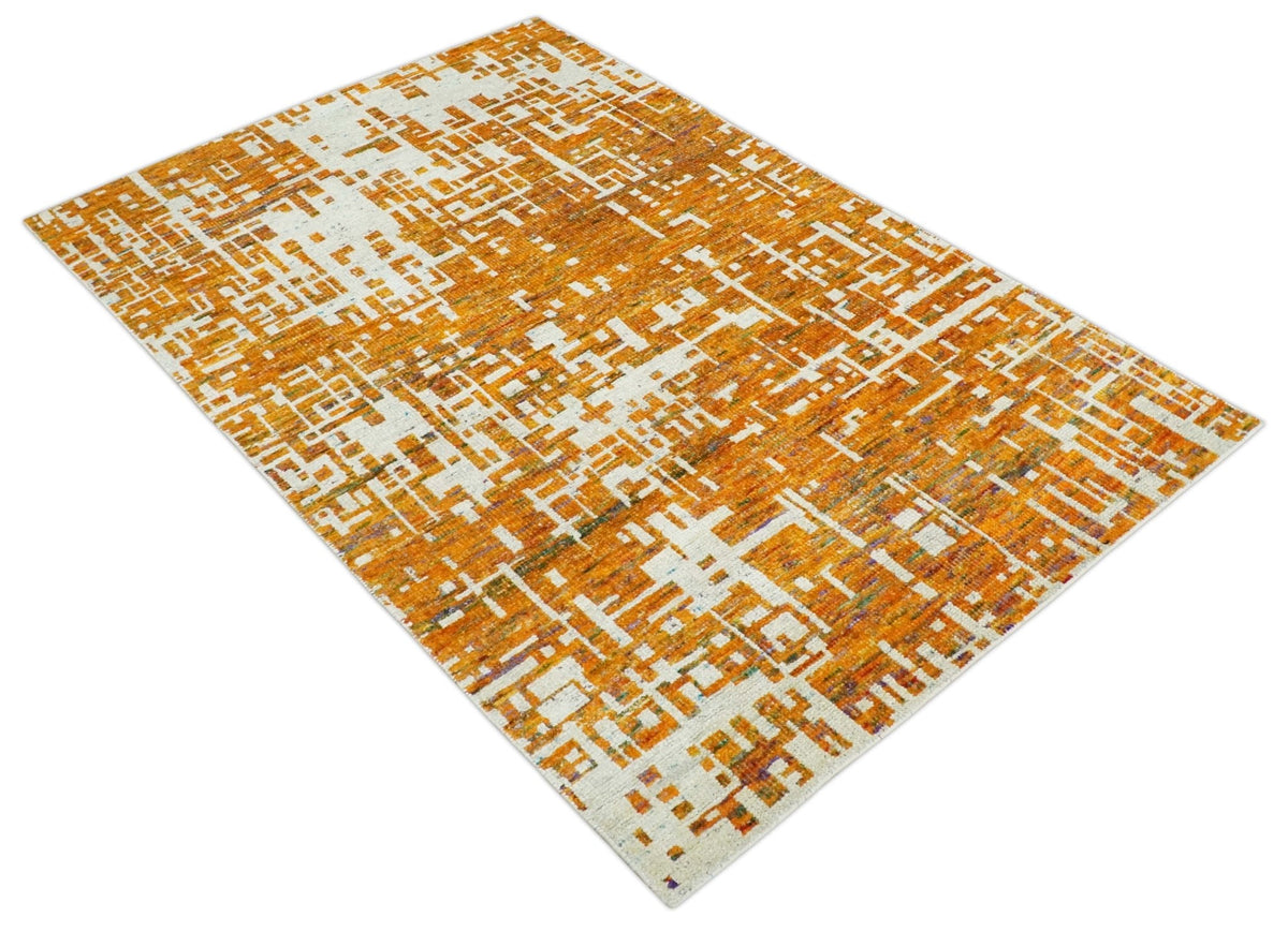 Modern Abstract 5x8 and 5.5x8.5 Gold and Ivory Recycled Art Silk Area Rug.