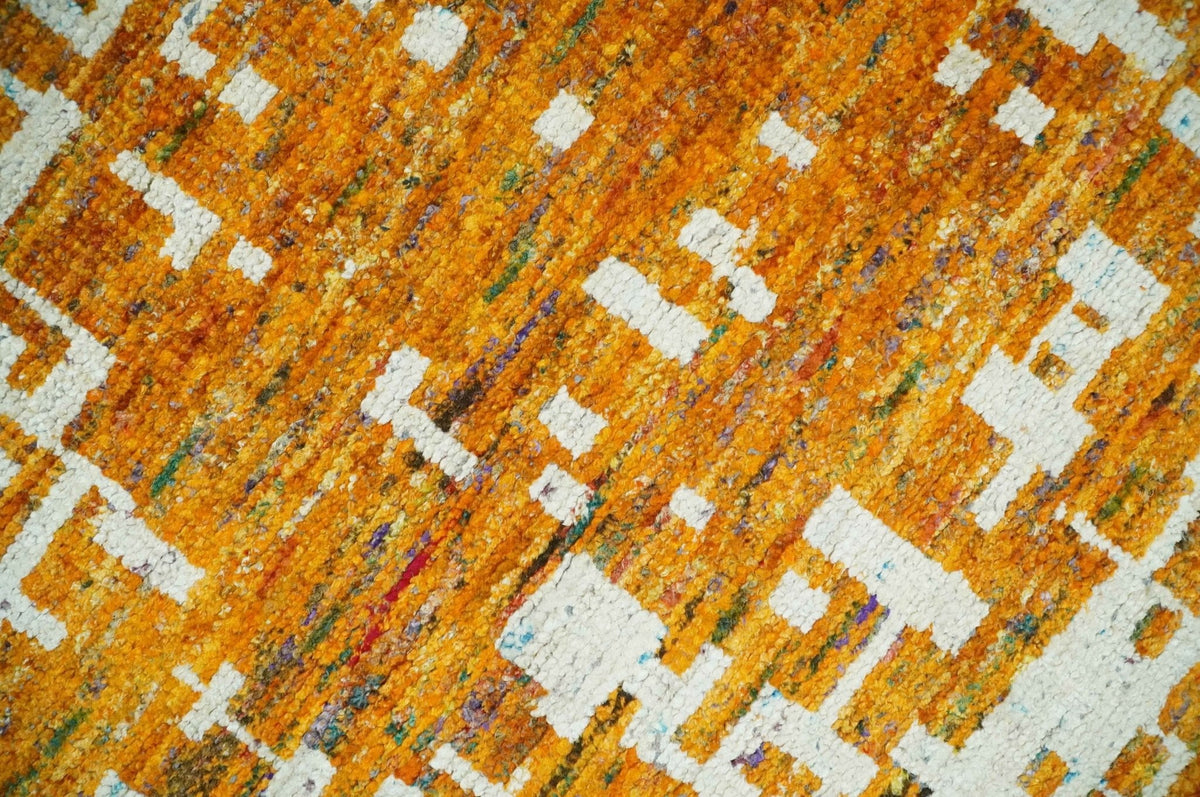 Modern Abstract 5x8 and 5.5x8.5 Gold and Ivory Recycled Art Silk Area Rug.
