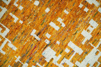 Modern Abstract 5x8 and 5.5x8.5 Gold and Ivory Recycled Art Silk Area Rug.