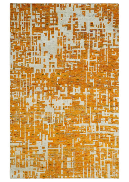 Modern Abstract 5x8 and 5.5x8.5 Gold and Ivory Recycled Art Silk Area Rug.