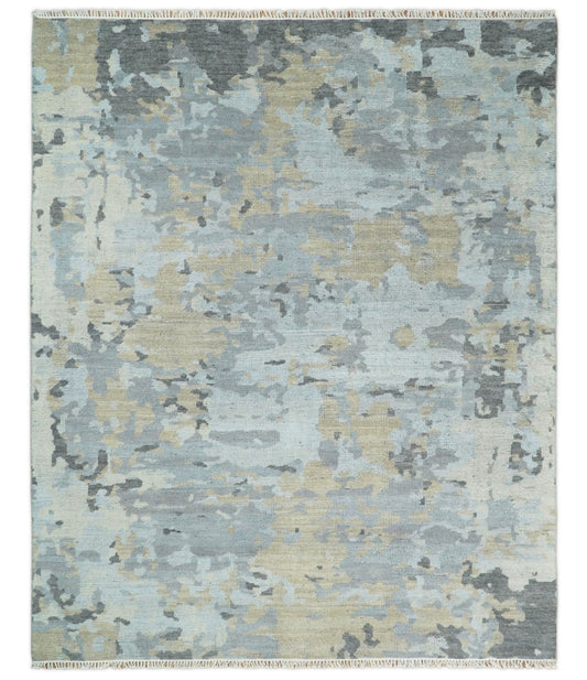 Modern Abstract Silver and Beige Hand Knotted Wool Rug.