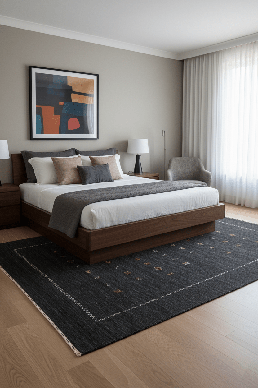 Modern Charcoal And White Hand Loomed Wool Area Rug.