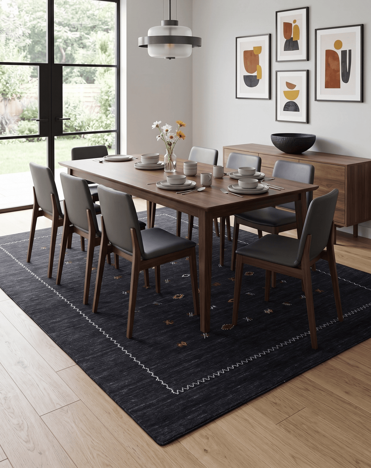 Modern Charcoal And White Hand Loomed Wool Area Rug.