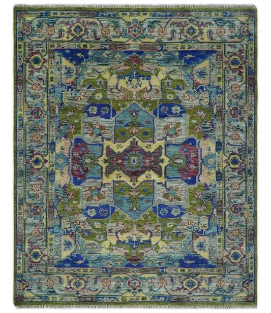Modern Colorful Moss Green, Blue and Silver Traditional Turkish Design Heriz Wool Area Rug.