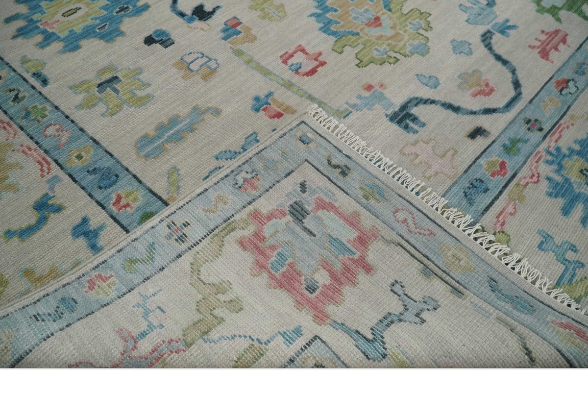 Vibrant Colorful Ivory and Aqua Hand Knotted Traditional Oushak Multi Size Wool Area Rug, Living Room Rug.