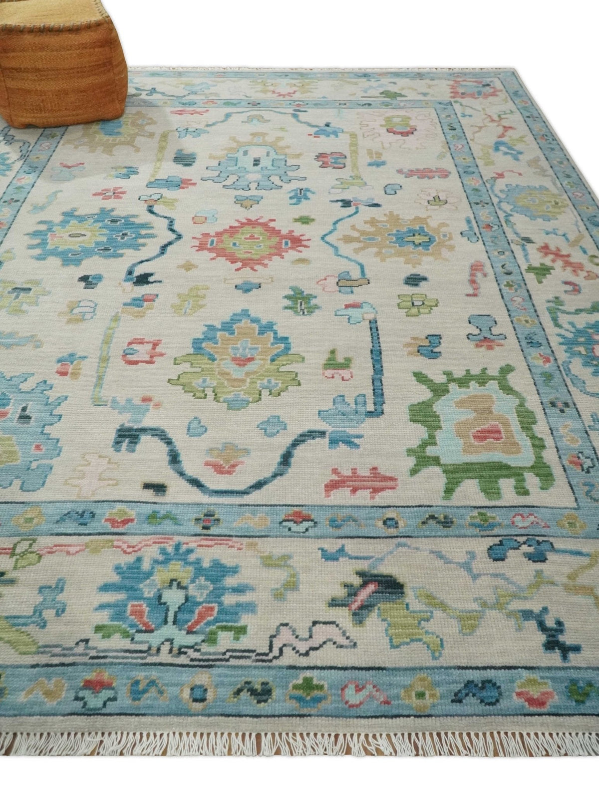 Vibrant Colorful Ivory and Aqua Hand Knotted Traditional Oushak Multi Size Wool Area Rug, Living Room Rug.