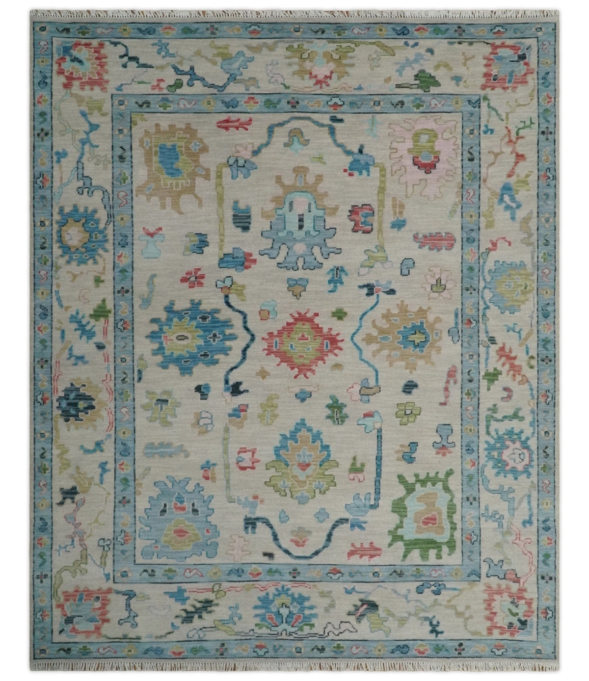 Vibrant Colorful Ivory and Aqua Hand Knotted Traditional Oushak Multi Size Wool Area Rug, Living Room Rug.
