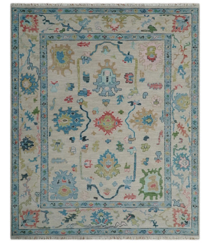 Vibrant Colorful Ivory and Aqua Hand Knotted Traditional Oushak Multi Size Wool Area Rug, Living Room Rug.