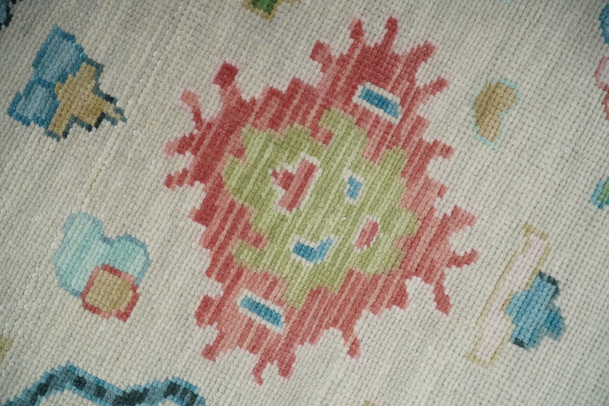 Vibrant Colorful Ivory and Aqua Hand Knotted Traditional Oushak Multi Size Wool Area Rug, Living Room Rug.