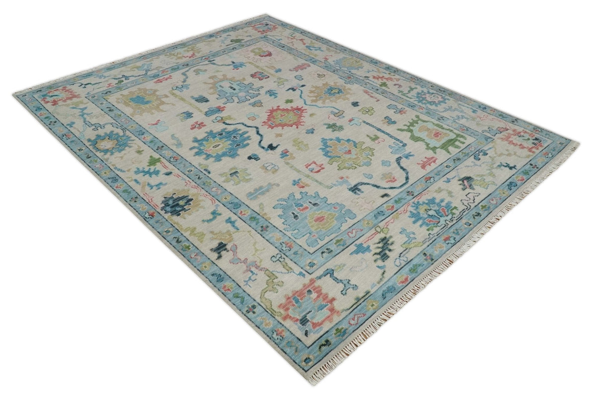 Vibrant Colorful Ivory and Aqua Hand Knotted Traditional Oushak Multi Size Wool Area Rug, Living Room Rug.