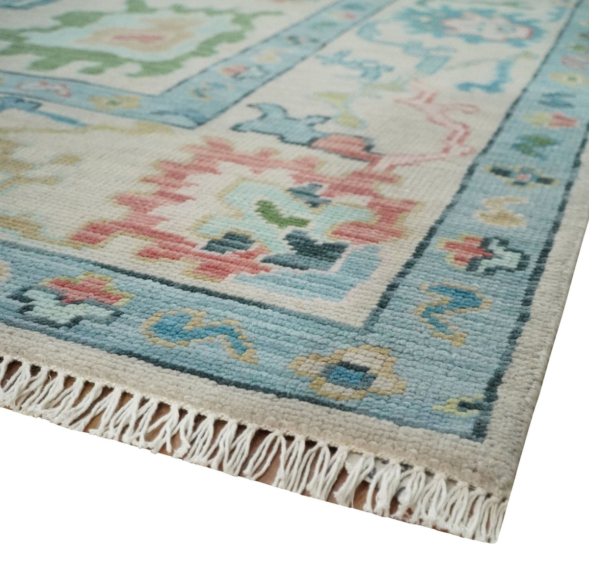 Vibrant Colorful Ivory and Aqua Hand Knotted Traditional Oushak Multi Size Wool Area Rug, Living Room Rug.