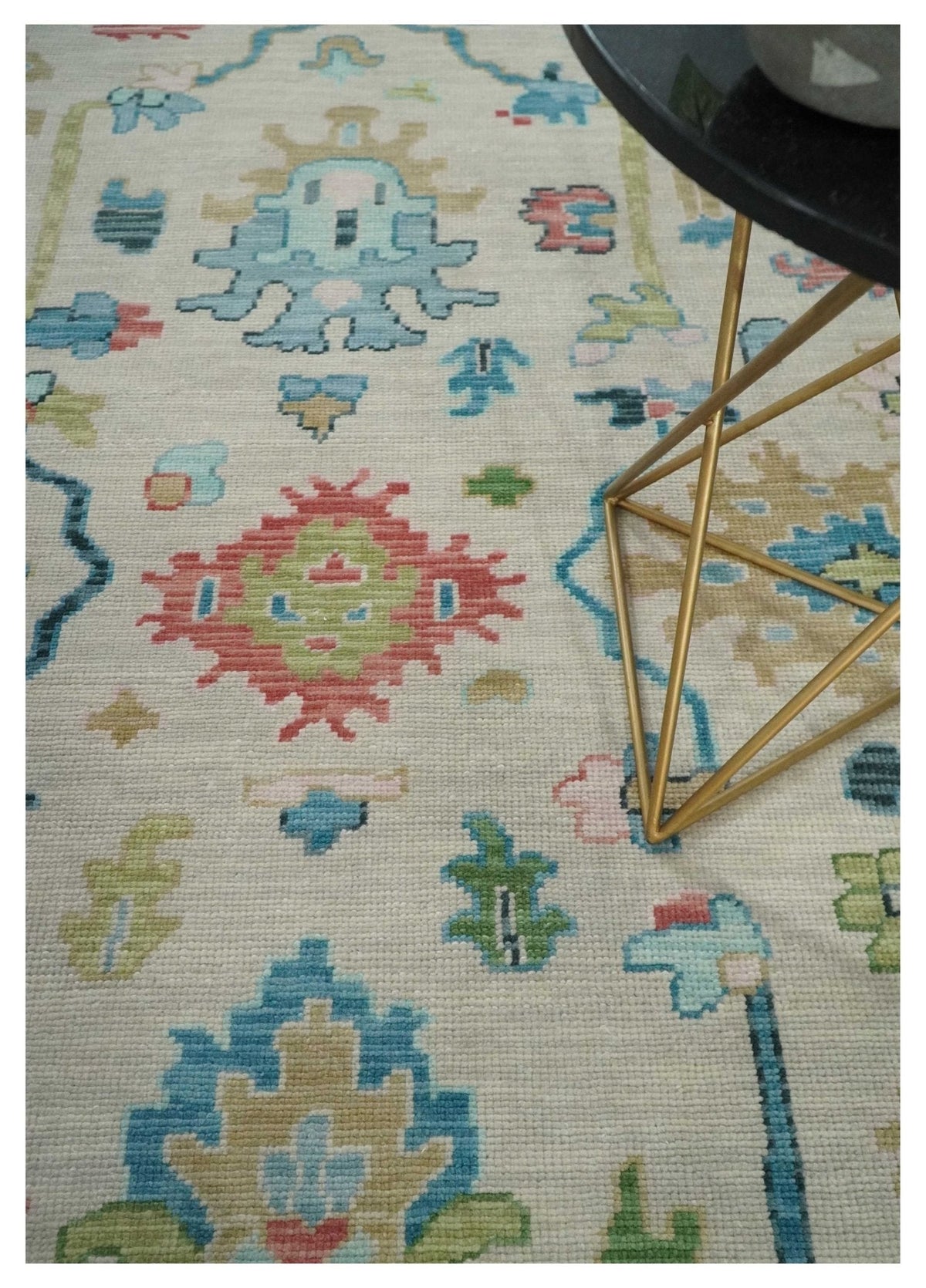 Vibrant Colorful Ivory and Aqua Hand Knotted Traditional Oushak Multi Size Wool Area Rug, Living Room Rug.