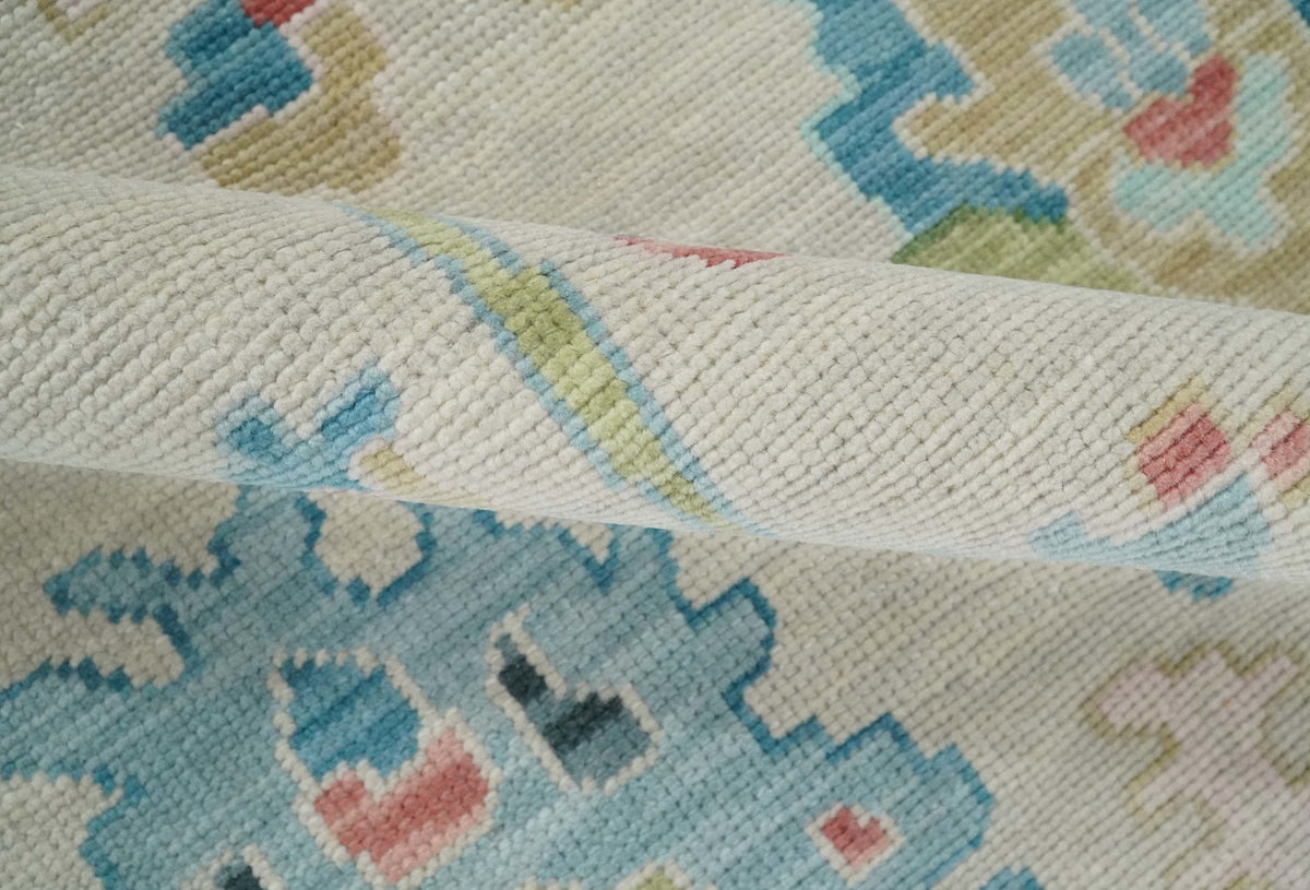 Vibrant Colorful Ivory and Aqua Hand Knotted Traditional Oushak Multi Size Wool Area Rug, Living Room Rug.