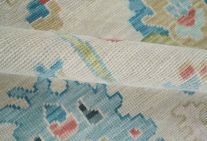 Vibrant Colorful Ivory and Aqua Hand Knotted Traditional Oushak Multi Size Wool Area Rug, Living Room Rug.