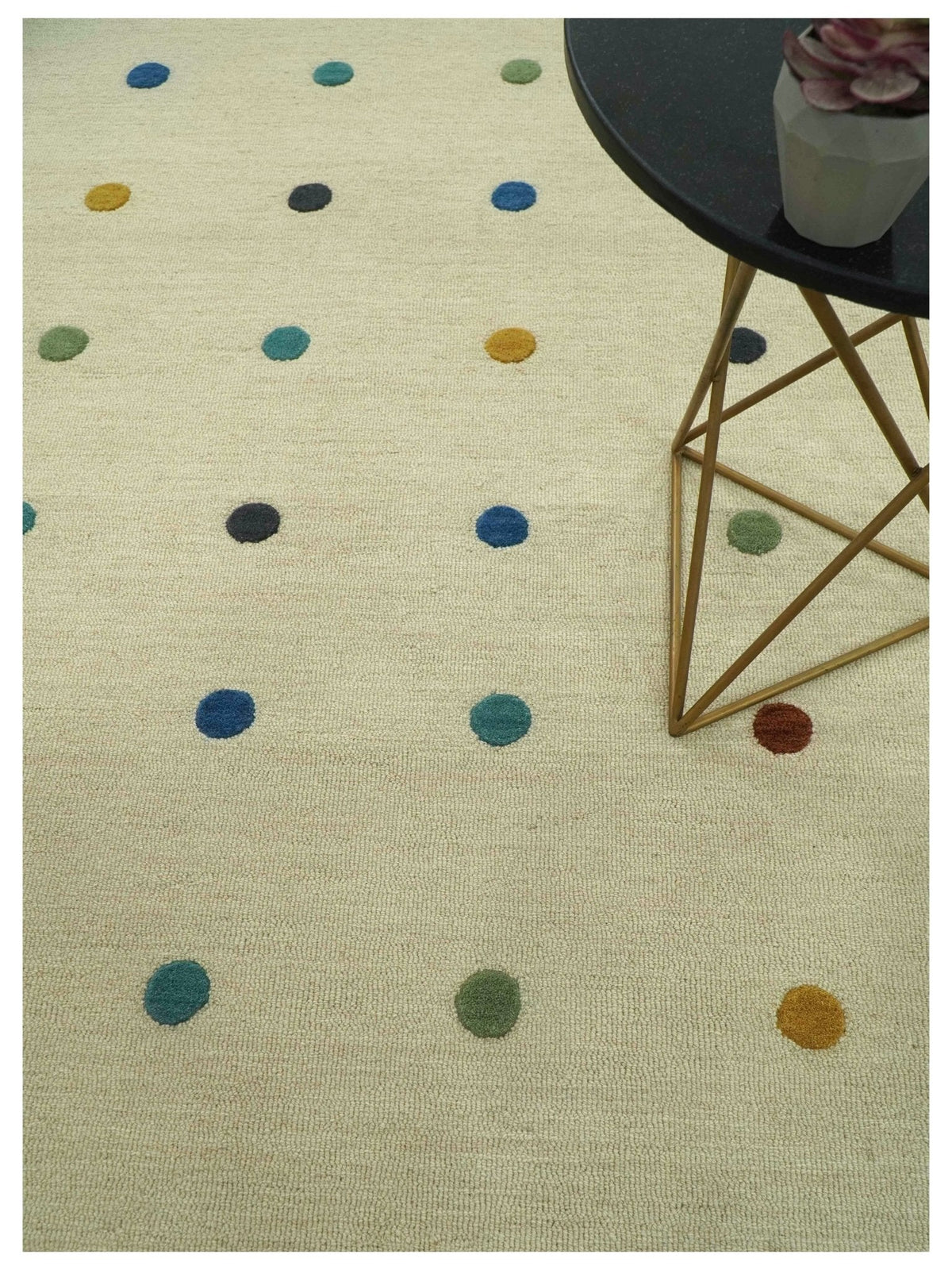 Modern Colorful Polka Dot Beige Hand Tufted Custom Made wool area rug.