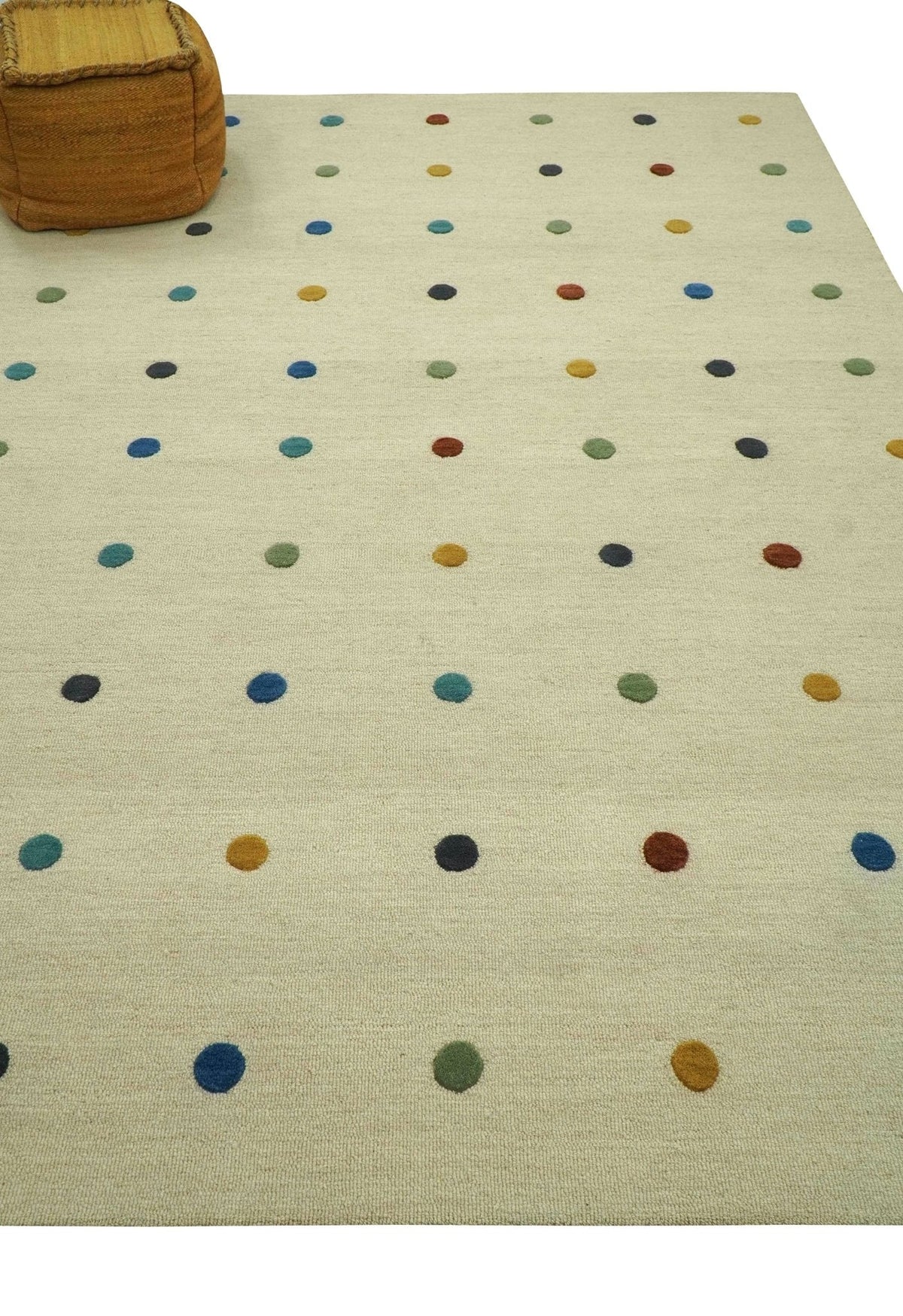 Modern Colorful Polka Dot Beige Hand Tufted Custom Made wool area rug.