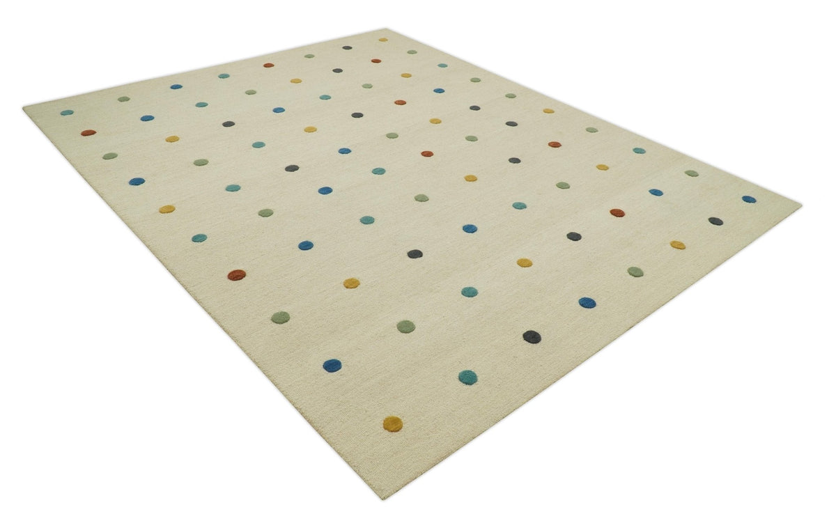 Modern Colorful Polka Dot Beige Hand Tufted Custom Made wool area rug.